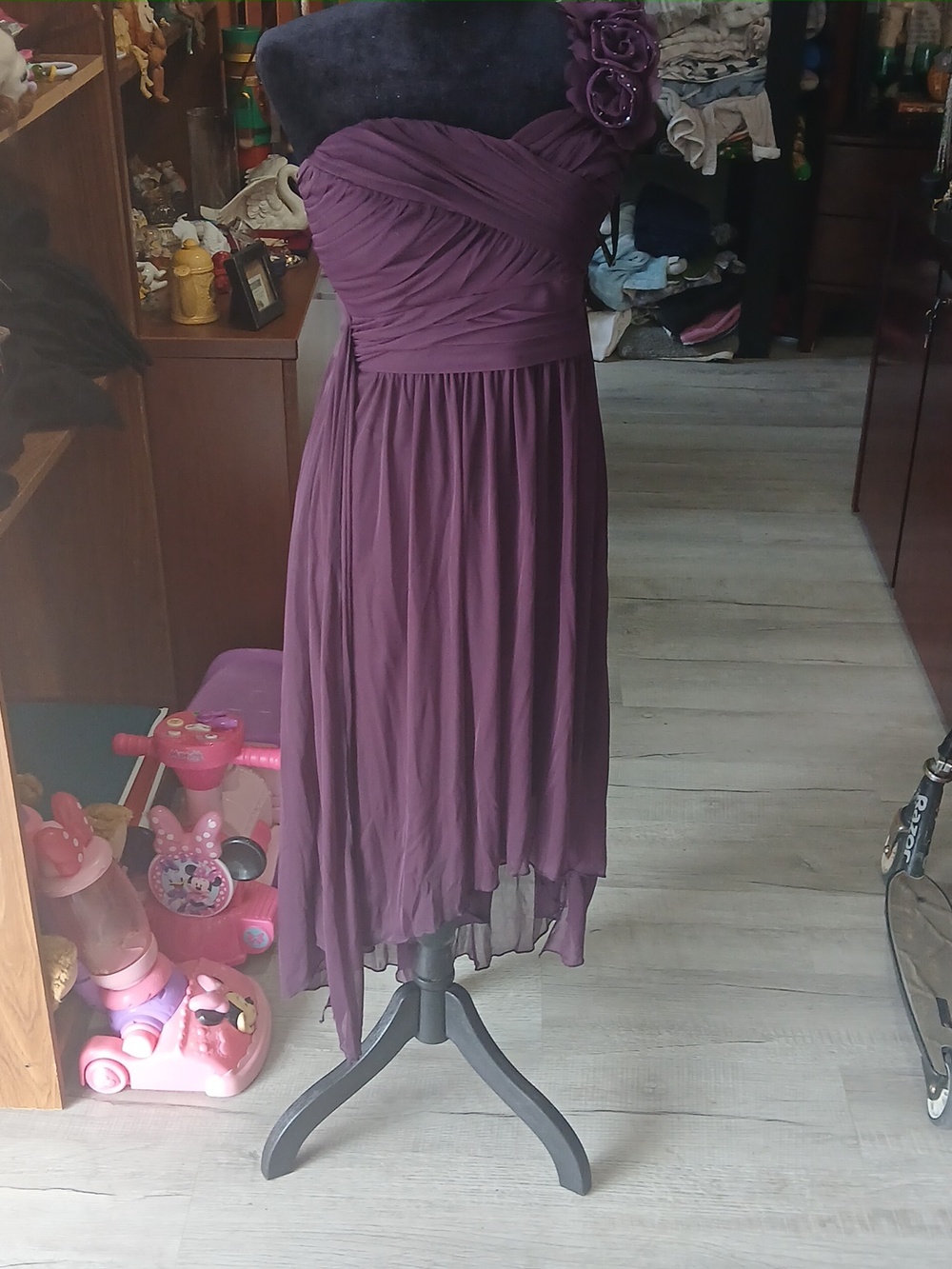 Studio One-Shoulder Purple Chiffon Dress with Floral Shoulder